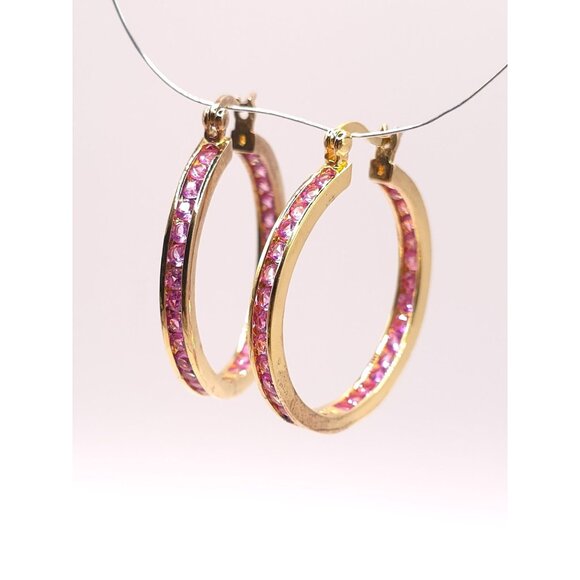 Ross-Simon Gold & Silver Pink Sapphire CZ Hoops - Picture 14 of 15